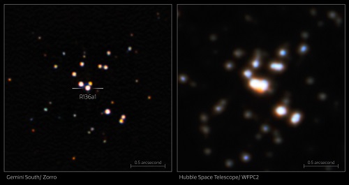 Comparison: R136a1 observed with Zorro and Hubble (Annotated). Zorro image (left) from Gemini South telescope in Chile shows exceptional sharpness. Contrast with Hubble image (right) reveals clearer distinction of R136a1 from companions.