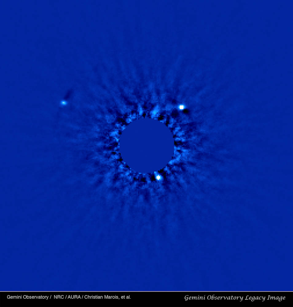A K-band (2.2microns) AO image of the HR 8799 planetary system.