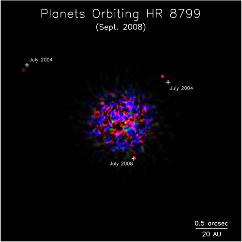 Keck II follow-up image of planetary system HR 8799 showing all three planets.