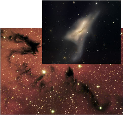 Gemini South image of dragon-like dark nebula NGC 6559 and Gemini North image of interacting galaxies NGC 520 (upper-right).