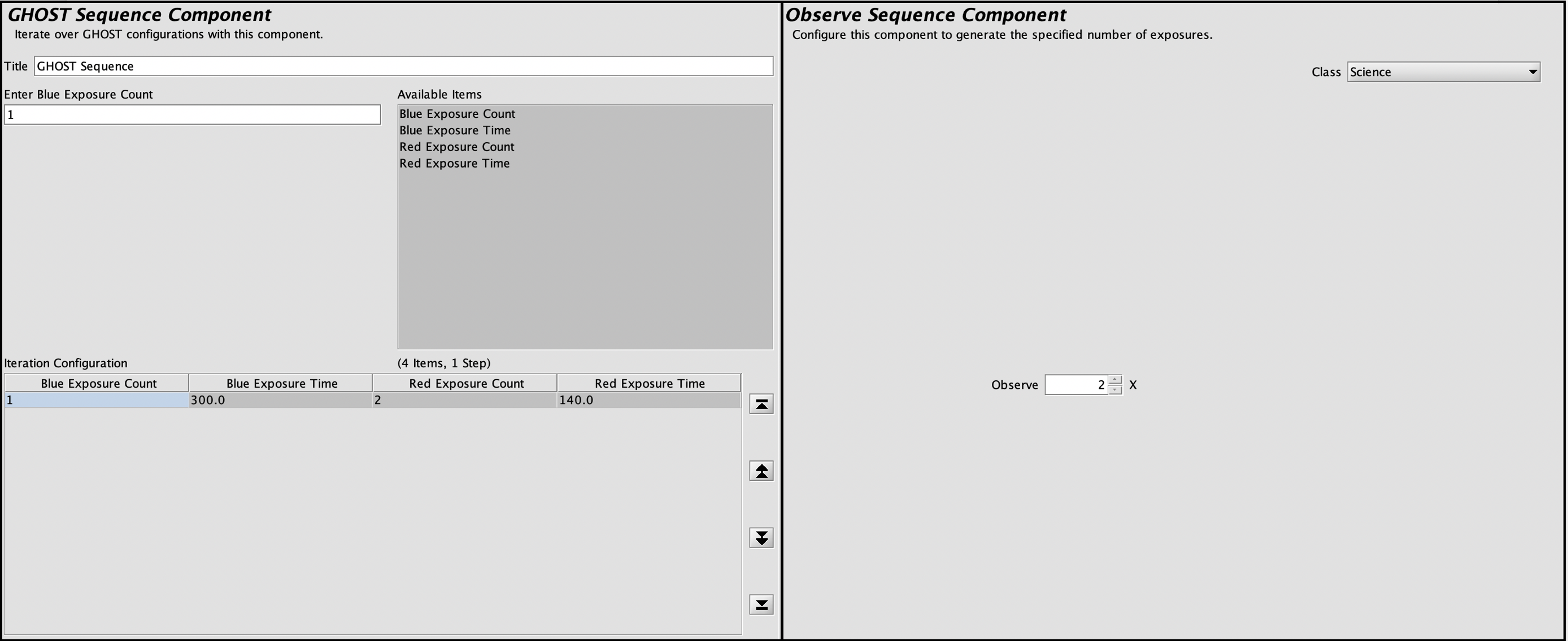 Screenshot showing example of the GHOST Sequence Component and Observe Sequence Component.