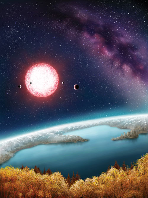 Concepto artístico representando Kepler-186f y su posible superficie con agua líquida y flora.