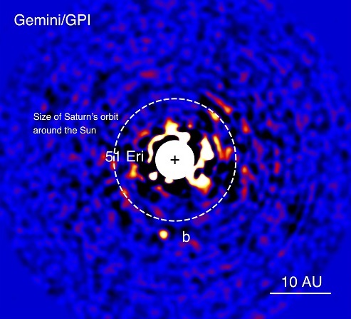 Imagen del planeta 51 Eri b. La estrella central brillante está oculta por una máscara para permitir la detección del planeta, que es un millón de veces menos brillante.