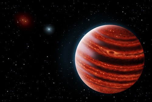 Una interpretación artística del exoplaneta similar a Júpiter, 51 Eri b, vista en luz cercana al infrarrojo que muestra las calientes capas profundasen su atmósfera brillando a través de las nubes.