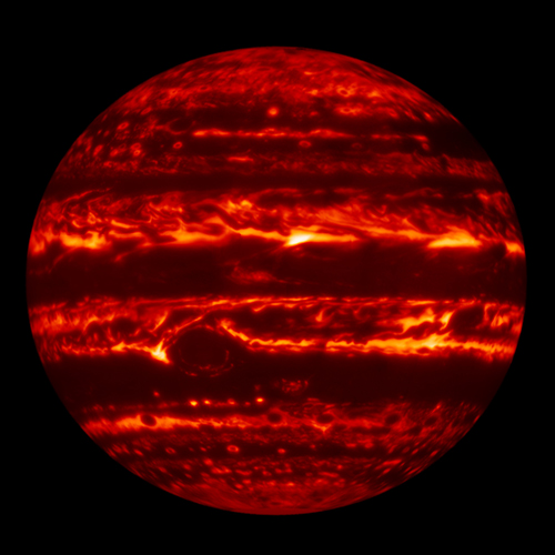 Jupiter's thermal emission in 4.8-micron image from Gemini NIRI. Thick clouds obscure deeper atmosphere emission in dark areas. Great Red Spot visible below center.