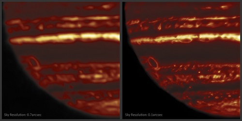 Left: Blurry Jupiter image due to Earth's atmosphere. Right: Sharper image of Jupiter using Lucky Imaging (multiple exposures).