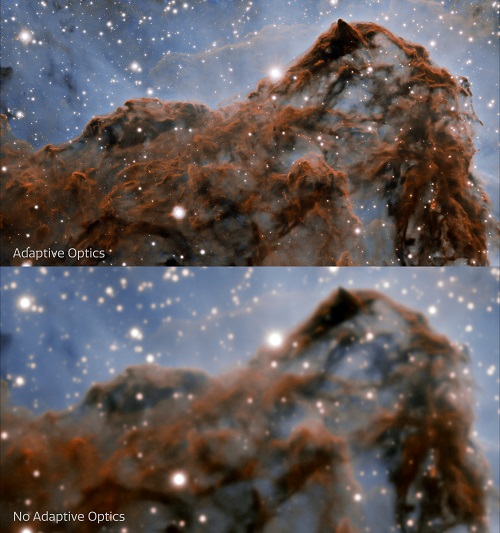 This image shows a comparison of the new image (top) of the western wall of the Carina Nebula taken by the international Gemini Observatory and an image of the same region without Adaptive Optics (bottom).