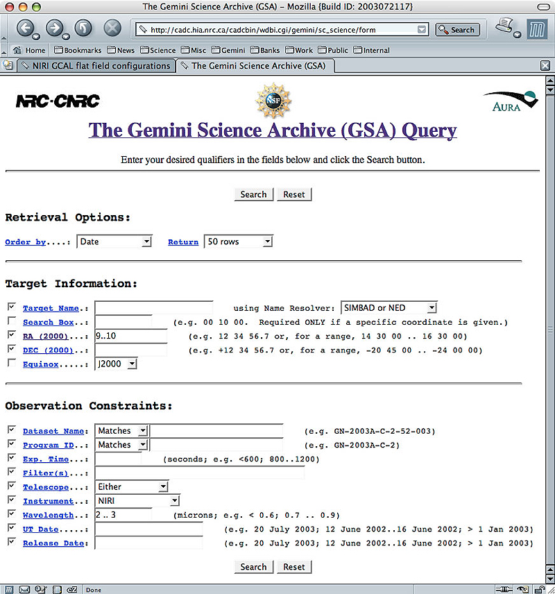 Screenshot of the Gemini Schience Archive (GSA)